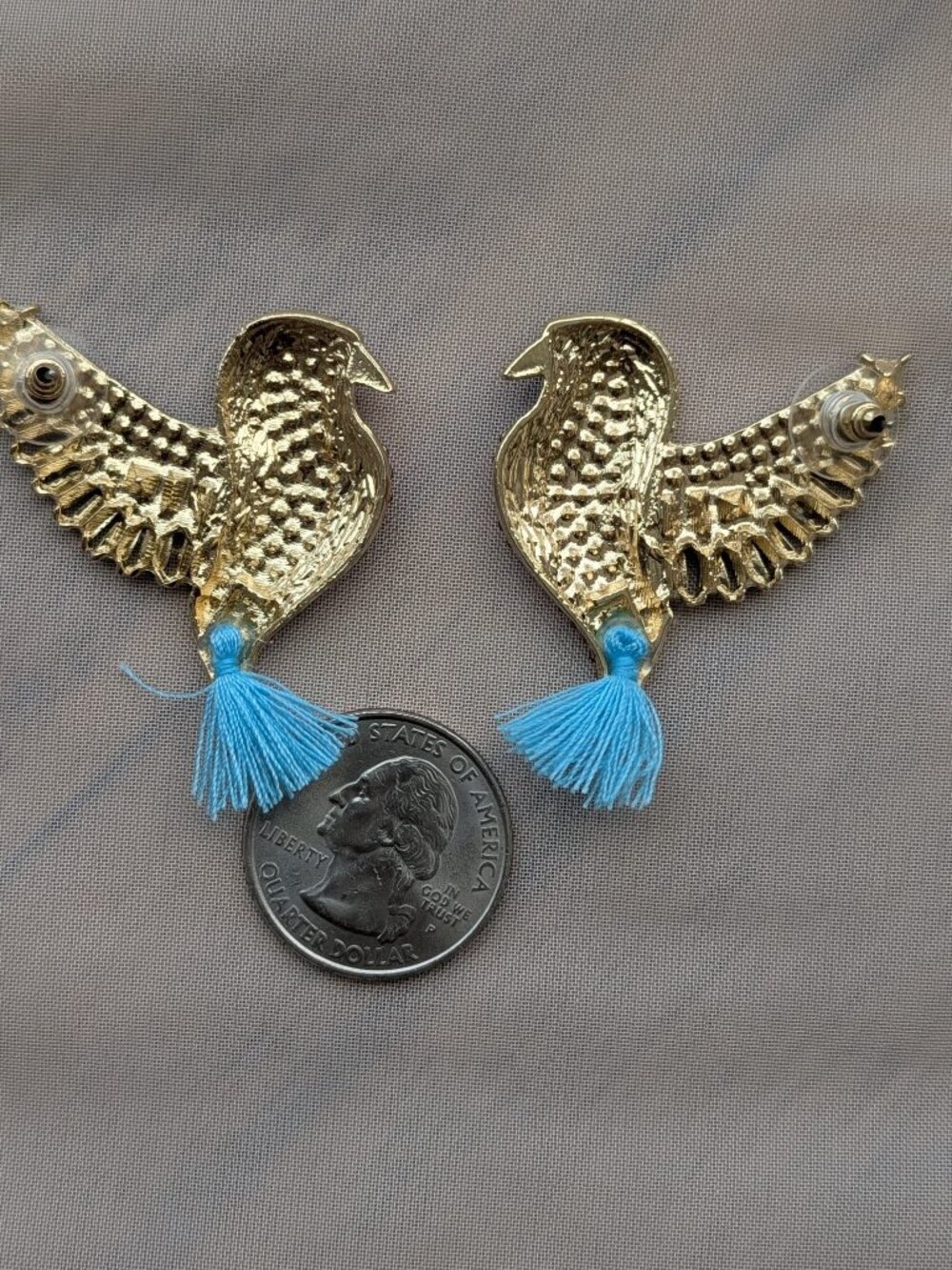 Colorful Bird Statement Earrings | Rhinestone Gold Tone | Boho Glam - Picture 3 of 3